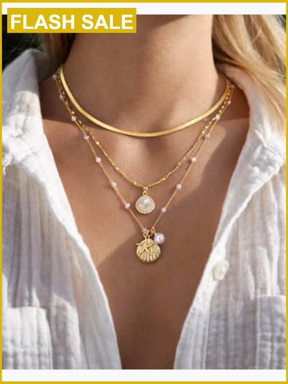 Layered Gold Seashell Necklace Set, Dainty Coastal Charm Jewelry for Women - Picture 2 of 7